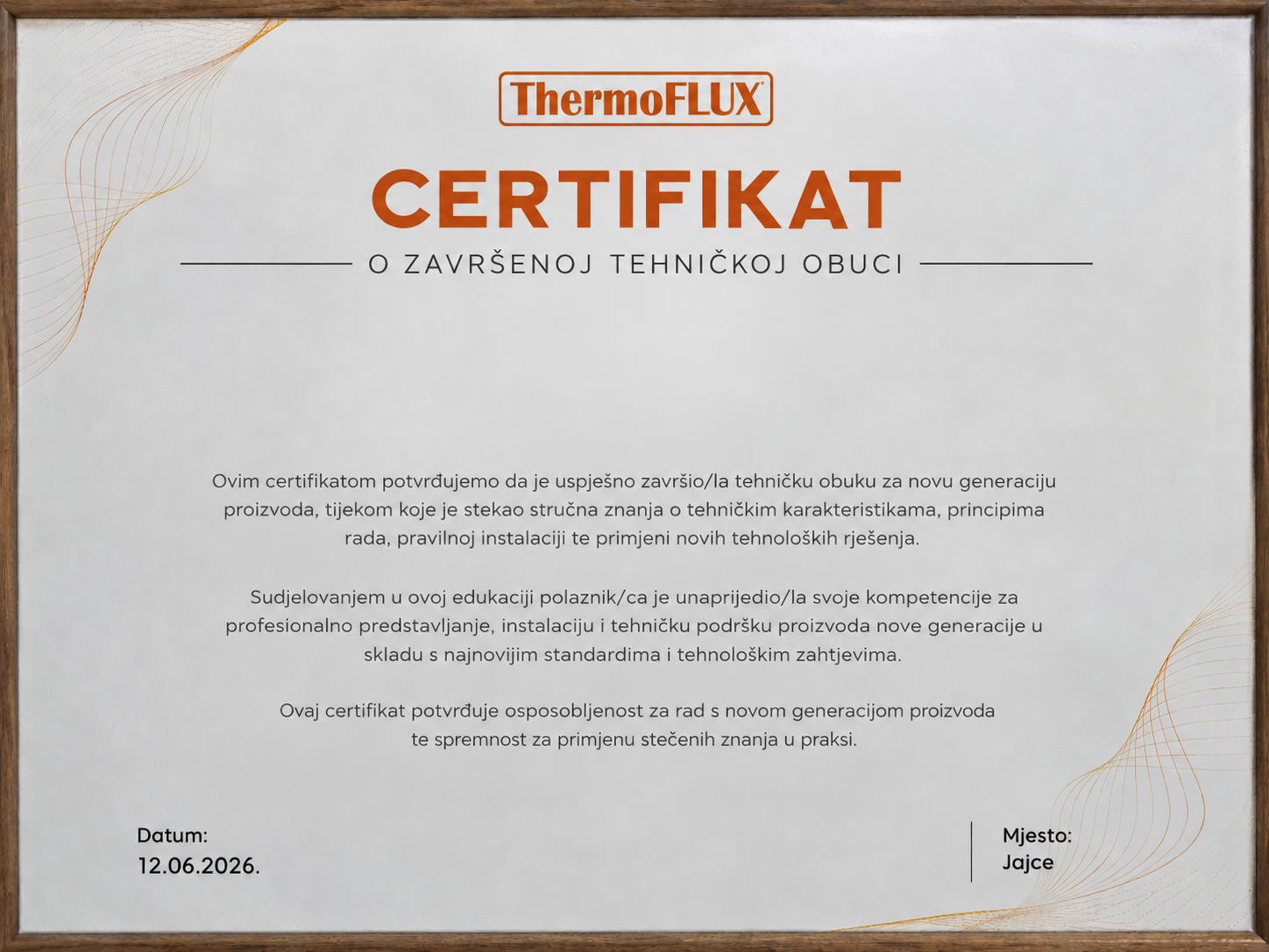 Originalni certifikat ovlaštenog ThermoFLUX servisnog partnera REVO Visoko